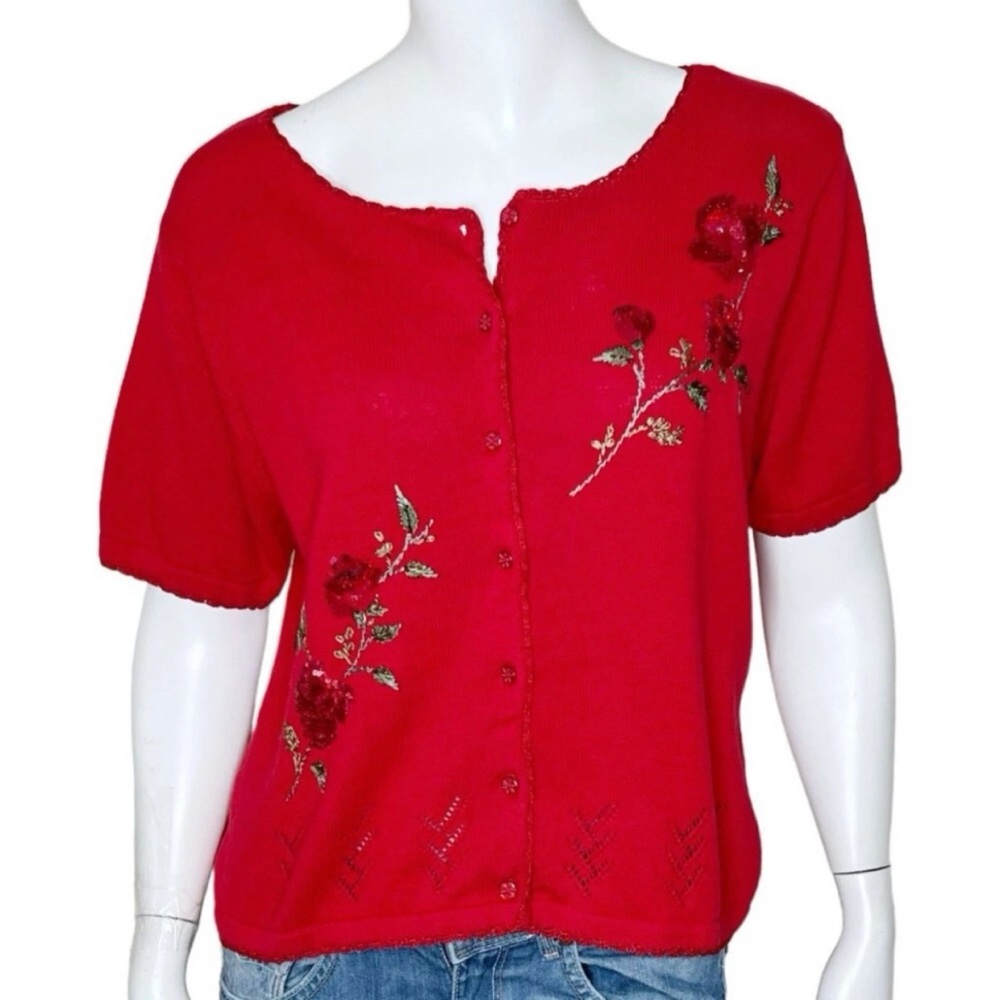 Darian vintage red sequin & beaded embroidered rose sweater size M
